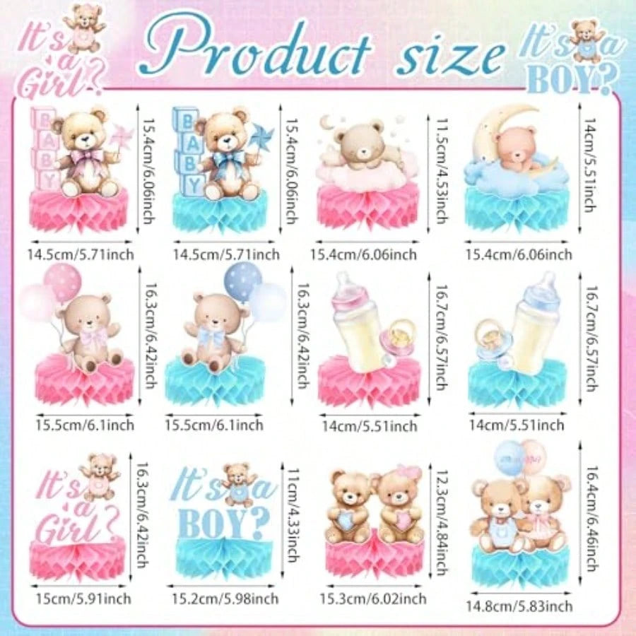 DHonoson Bear Gender Reveal Decorations Includes 12pcs Pink And Blue Bear Gender Reveal Table Decorations With Honeycomb Centerpiece For Boy Or Girl