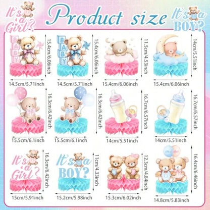 DHonoson Bear Gender Reveal Decorations Includes 12pcs Pink And Blue Bear Gender Reveal Table Decorations With Honeycomb Centerpiece For Boy Or Girl