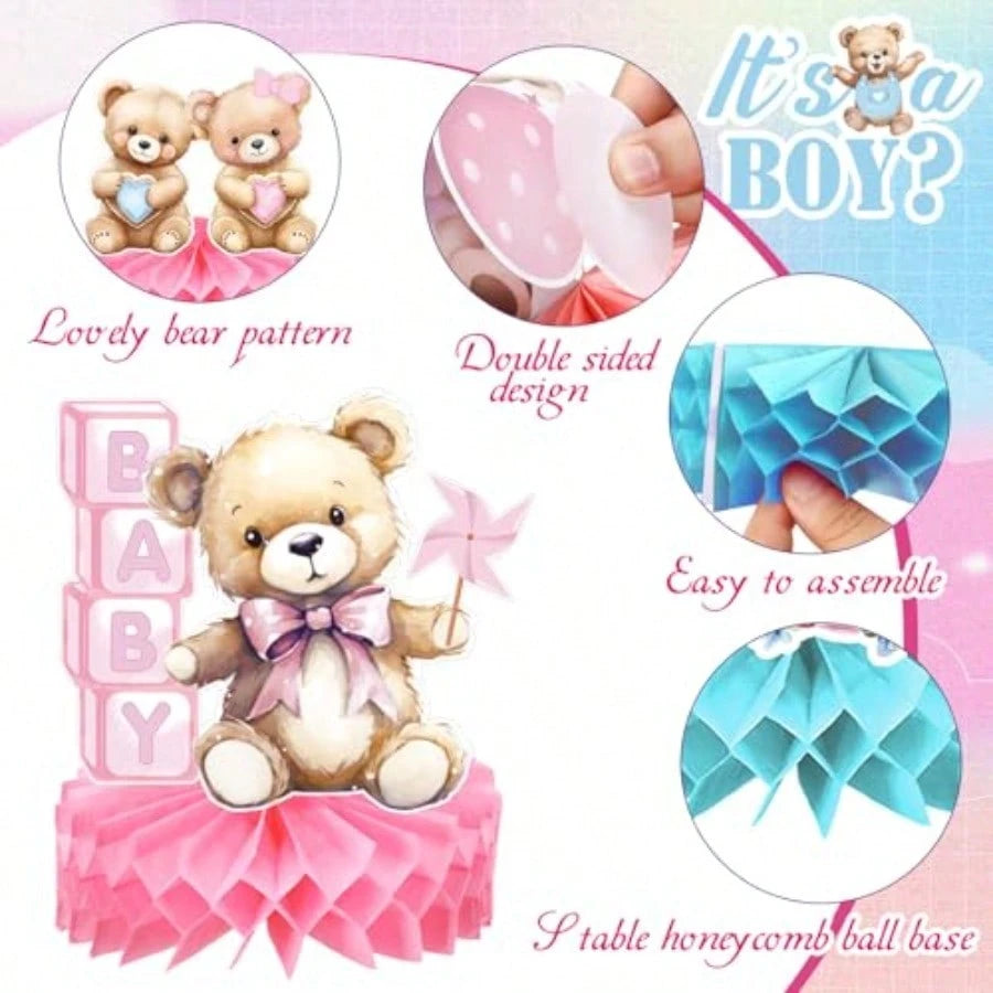 DHonoson Bear Gender Reveal Decorations Includes 12pcs Pink And Blue Bear Gender Reveal Table Decorations With Honeycomb Centerpiece For Boy Or Girl