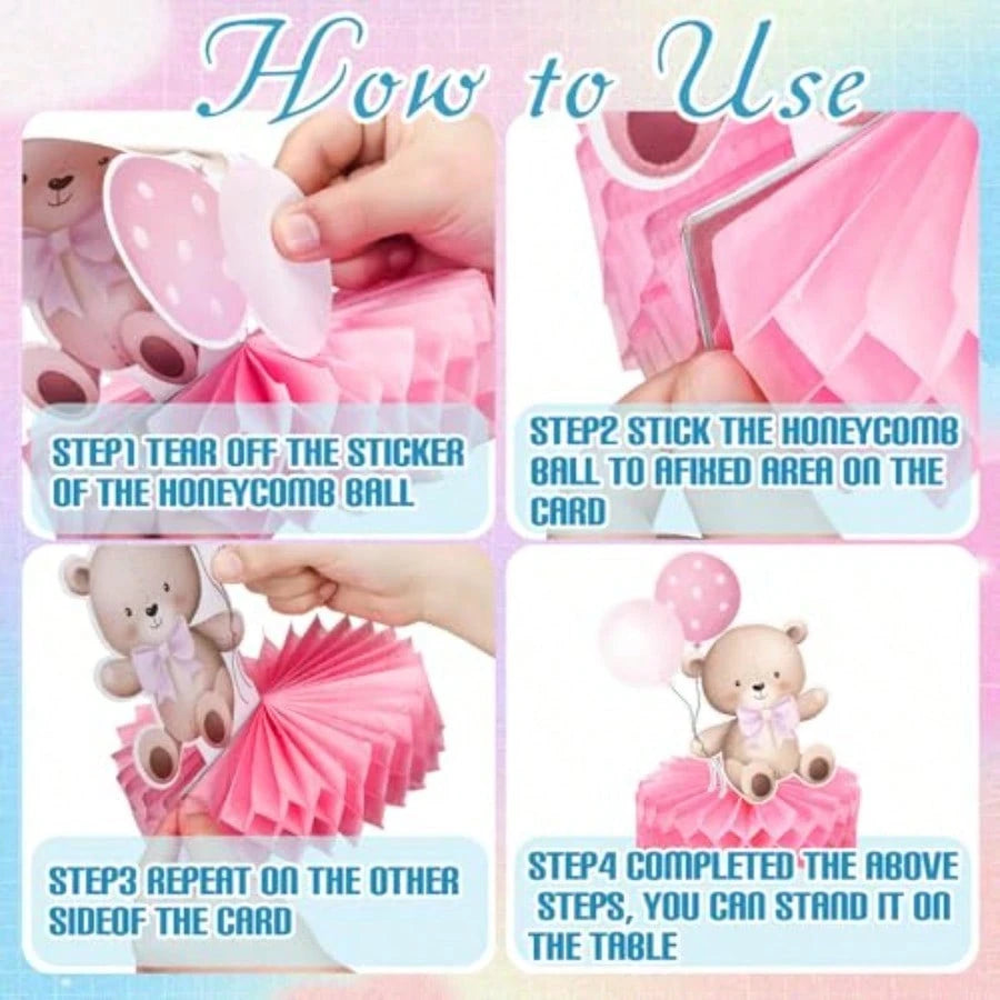 DHonoson Bear Gender Reveal Decorations Includes 12pcs Pink And Blue Bear Gender Reveal Table Decorations With Honeycomb Centerpiece For Boy Or Girl