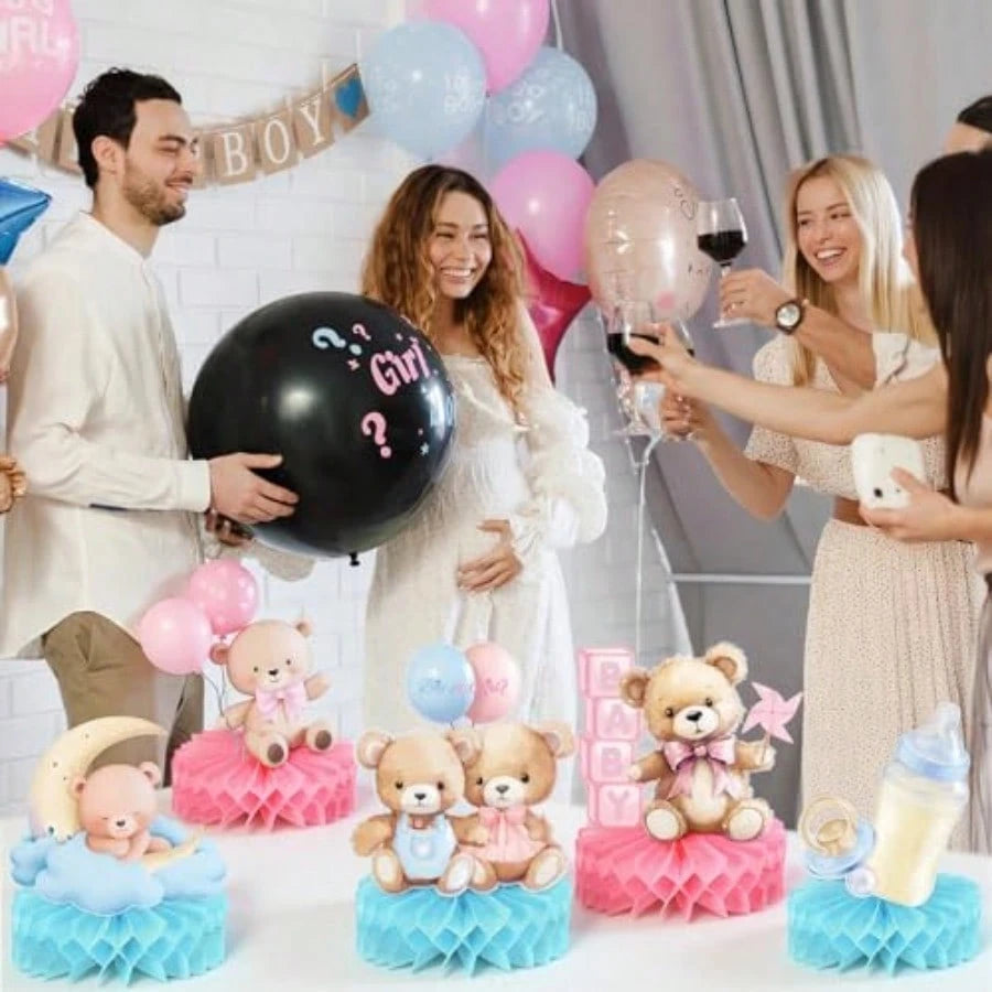 DHonoson Bear Gender Reveal Decorations Includes 12pcs Pink And Blue Bear Gender Reveal Table Decorations With Honeycomb Centerpiece For Boy Or Girl