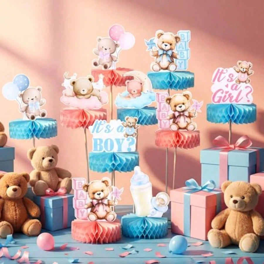 DHonoson Bear Gender Reveal Decorations Includes 12pcs Pink And Blue Bear Gender Reveal Table Decorations With Honeycomb Centerpiece For Boy Or Girl