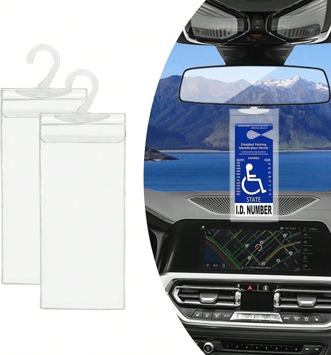 Dickno 2 PCS Handicap Placard Holder, 11.6" X 5" Ultra Transparent Disabled Parking Permit Placard Protector With Plastic Large Hanger, Automotive Disabled Placard Protective Cover