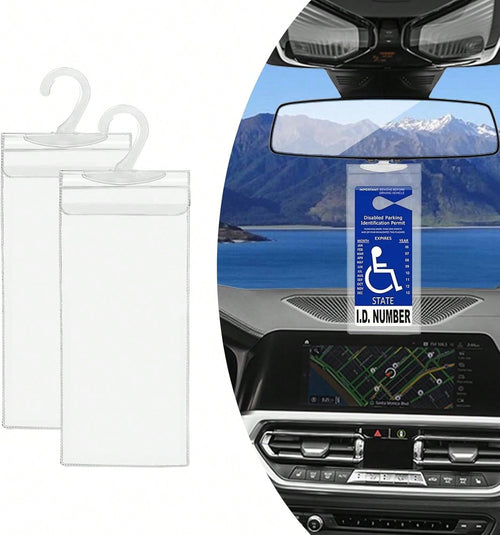 Dickno 2 PCS Handicap Placard Holder, 11.6" X 5" Ultra Transparent Disabled Parking Permit Placard Protector With Plastic Large Hanger, Automotive Disabled Placard Protective Cover