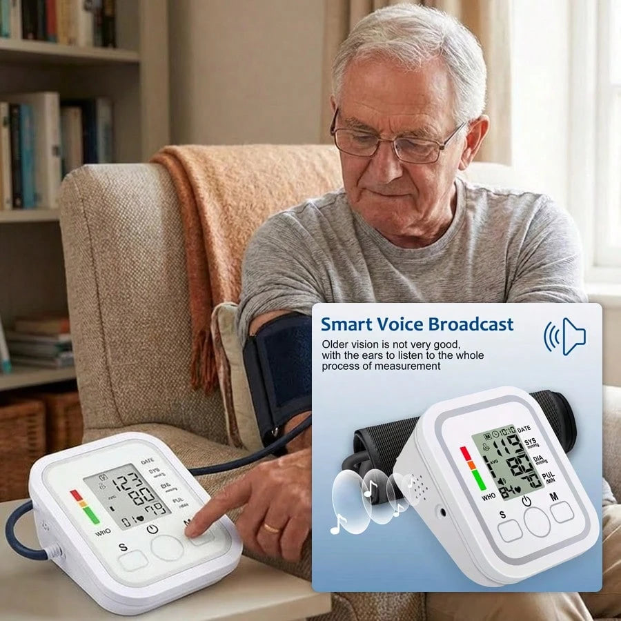 Digital Arm Blood Pressure Monitor, Automatic Upper Arm BP Machine With Large Backlit LCD Display, Fast 60s Reading, Adjustable Cuff, Voice Broadcast, 2*99 Memory, Portable Home & Travel Use (Batterie