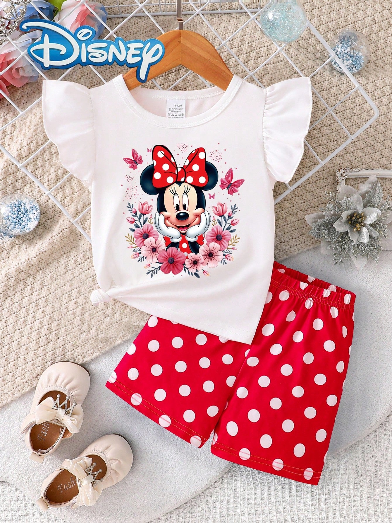 Disney Mickey Mouse Baby Girls' Floral Print Sleeveless Top And Polka Dot Elastic Waist Shorts Set, Cute Casual Summer Vacation Outfit