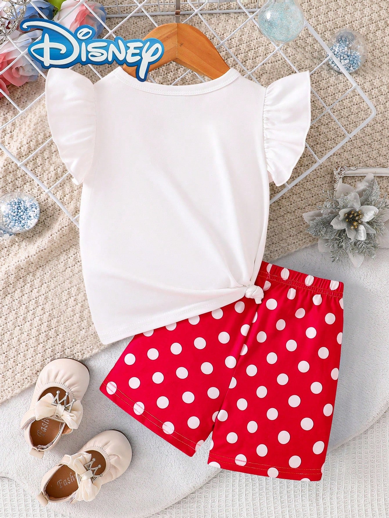 Disney Mickey Mouse Baby Girls' Floral Print Sleeveless Top And Polka Dot Elastic Waist Shorts Set, Cute Casual Summer Vacation Outfit