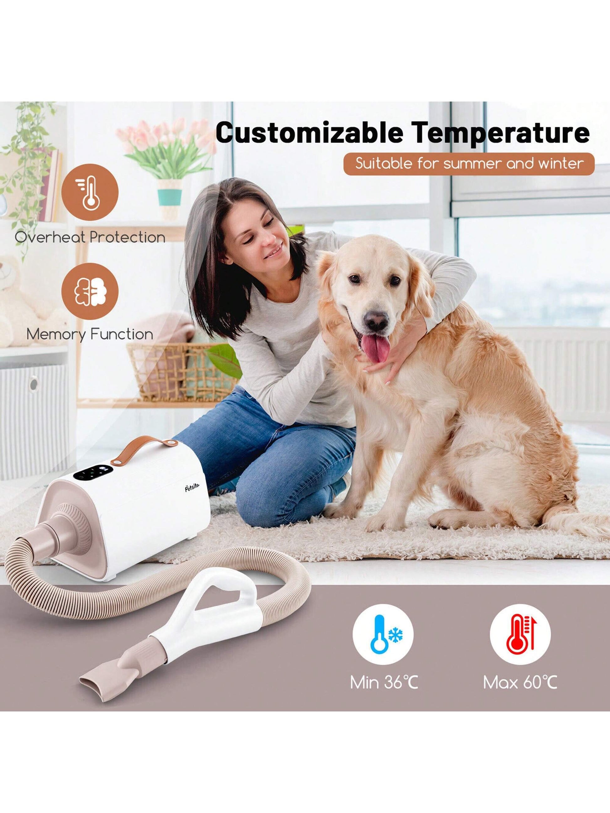 Dog Dryer Pet Hair Blower W/Negative Ion Function LED Screen Temperature Control