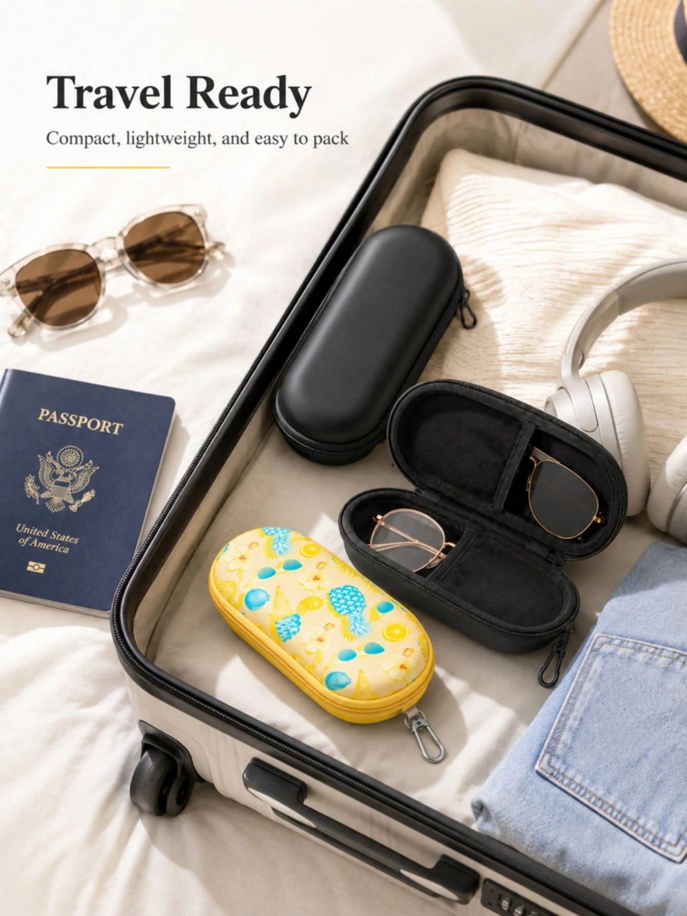 Double Glasses Case, Double Pair Of Glasses And Glasses Storage Box With Clip Zipper Closure, Convenient For Daily Carry, Travel Essential, Beach Summer Vacation Travel Accessories, Travel Bag Holiday