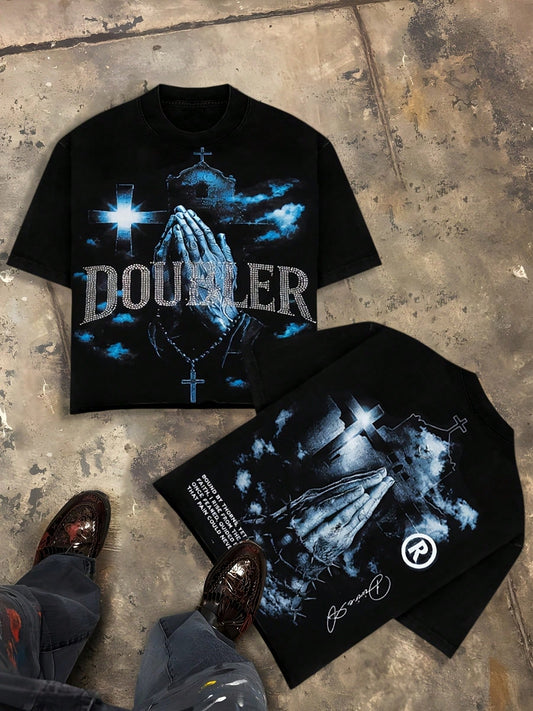 Doubler Praying Hands Cross T-Shirt, Y2K Dark Style, Loose Oversized Streetwear, Hip Hop Unisex, Free Shipping