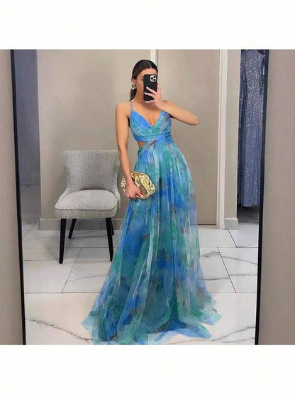 Dresses For WomenSpring And Summer New Mesh Printing Suspender Dress Vacation Casual Party DressLoose And Comfortablevestidos De Mujer