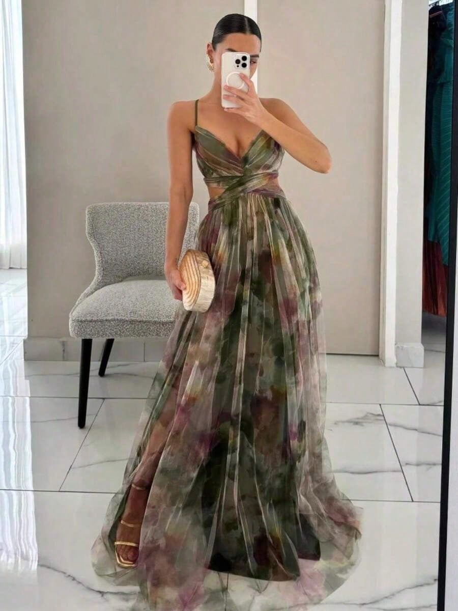 Dresses For WomenSpring And Summer New Mesh Printing Suspender Dress Vacation Casual Party DressLoose And Comfortablevestidos De Mujer