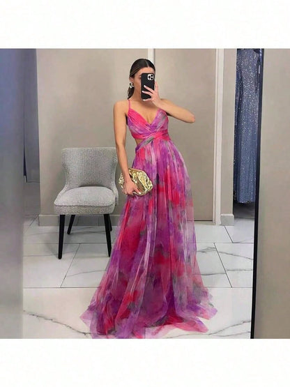 Dresses For WomenSpring And Summer New Mesh Printing Suspender Dress Vacation Casual Party DressLoose And Comfortablevestidos De Mujer