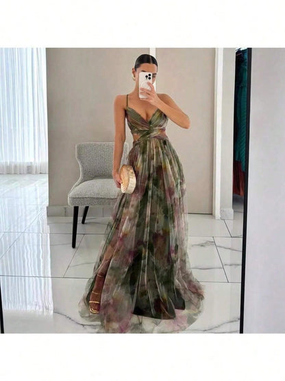 Dresses For WomenSpring And Summer New Mesh Printing Suspender Dress Vacation Casual Party DressLoose And Comfortablevestidos De Mujer