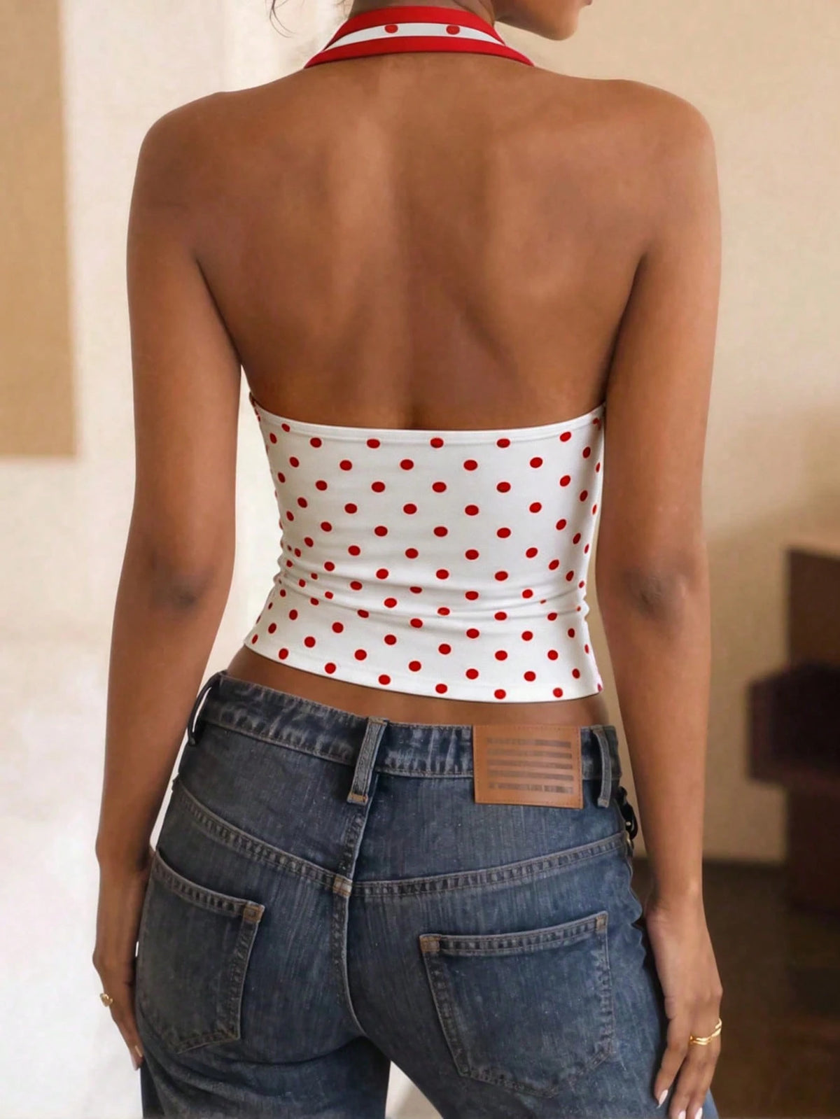 DrmWander Women's Summer Beach Vacation Style Polka Dot Print Contrast Trim Backless Fitted Cropped Halter Top