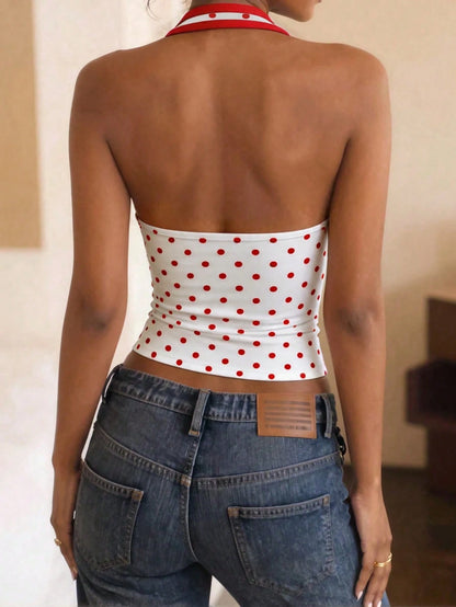 DrmWander Women's Summer Beach Vacation Style Polka Dot Print Contrast Trim Backless Fitted Cropped Halter Top
