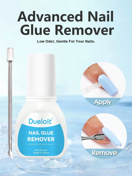 Dueloit 15ml Nail Glue Remover Liquid For False Nails, Press-On Nail Glue, Acrylic Nail Glue, Comes With Cuticle Pusher