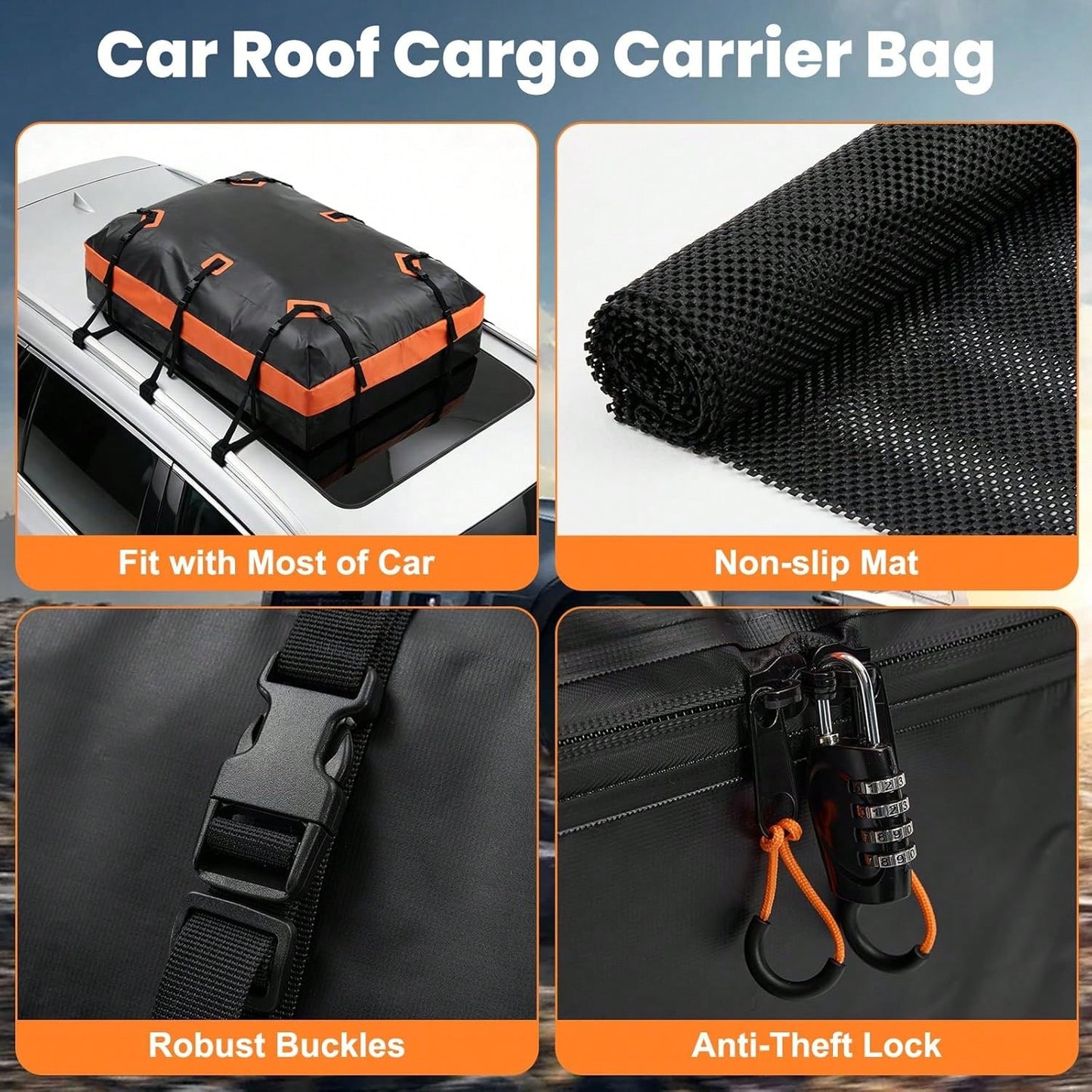 DUMOS Car Roof Bag Cargo Carrier Waterproof 15 Cubic Feet For All Vehicles| Rooftop Bag With Anti-Slip Mat, Combination Luggage Lock, Reinforced