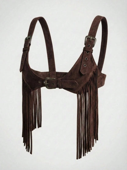 Easelle Women's Dark Brown Summer Boho Music Festival Tassel Fringe Top, Chicken Eye Design Versatile Casual Top For Country Concert,Fashionable