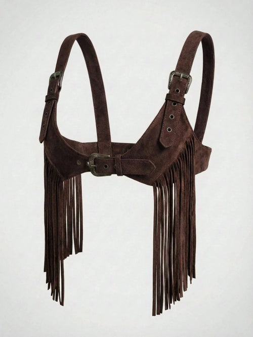 Easelle Women's Dark Brown Summer Boho Music Festival Tassel Fringe Top, Chicken Eye Design Versatile Casual Top For Country Concert,Fashionable