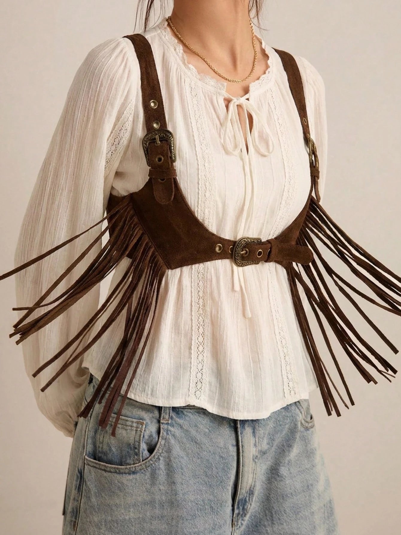 Easelle Women's Dark Brown Summer Boho Music Festival Tassel Fringe Top, Chicken Eye Design Versatile Casual Top For Country Concert,Fashionable