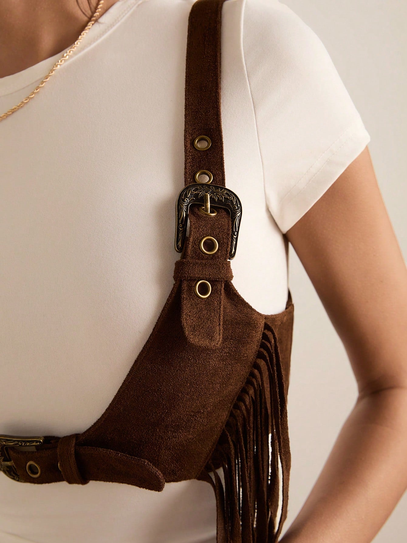 Easelle Women's Dark Brown Summer Boho Music Festival Tassel Fringe Top, Chicken Eye Design Versatile Casual Top For Country Concert,Fashionable