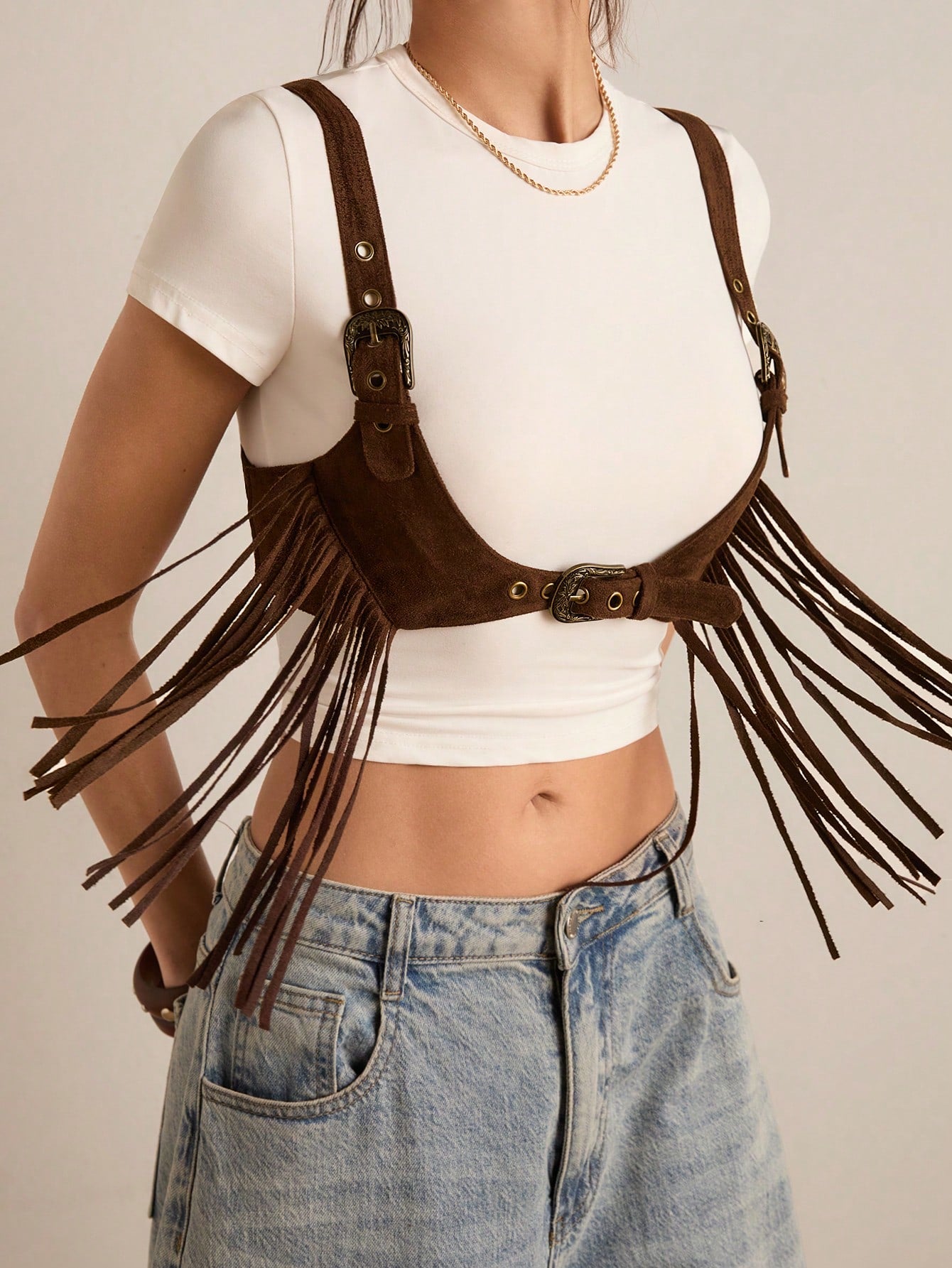Easelle Women's Dark Brown Summer Boho Music Festival Tassel Fringe Top, Chicken Eye Design Versatile Casual Top For Country Concert,Fashionable