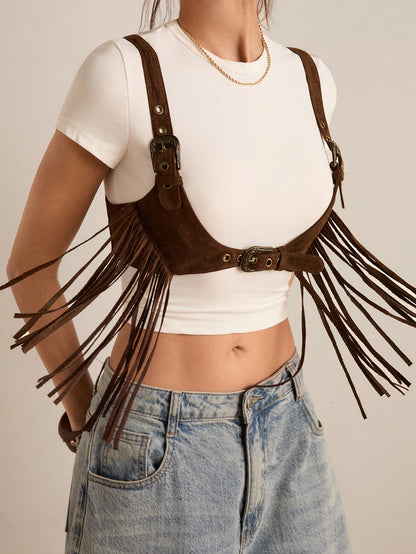 Easelle Women's Dark Brown Summer Boho Music Festival Tassel Fringe Top, Chicken Eye Design Versatile Casual Top For Country Concert,Fashionable