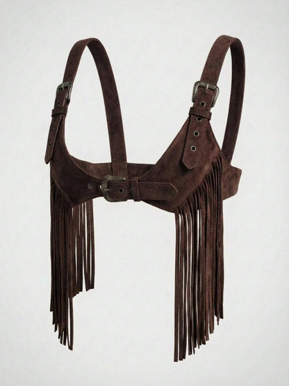 Easelle Women's Dark Brown Summer Boho Music Festival Tassel Fringe Top, Chicken Eye Design Versatile Casual Top For Country Concert,Fashionable