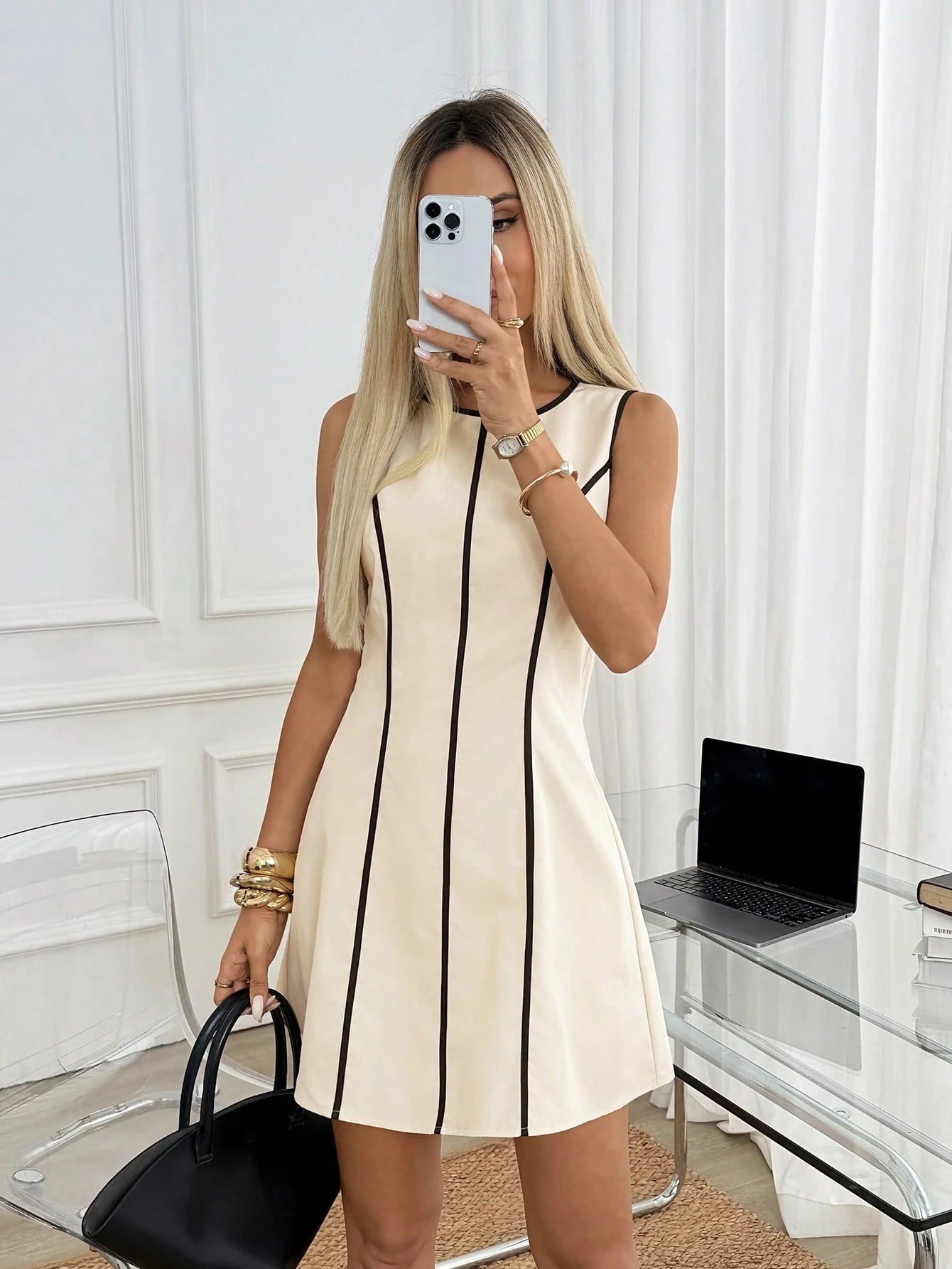 Easowa Waist-Cinching A-Line Dress Casual Minimalist Elegant City Break Vacation Spring Summer Women's Mini Dress Black And White Striped Checkered