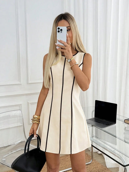 Easowa Waist-Cinching A-Line Dress Casual Minimalist Elegant City Break Vacation Spring Summer Women's Mini Dress Black And White Striped Checkered