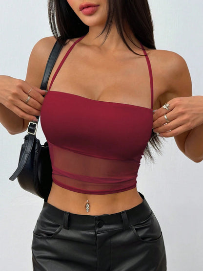 EgrlEra Women's Semi-Sheer Lace Mesh Splice Halter Neck Casual Tank Top