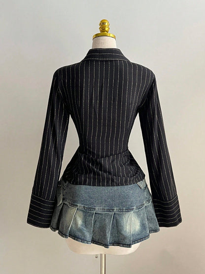 Elamini 1pc Black V-Neck Striped Collar Slim Fit Button-Up Long Sleeve Sexy Blouse For Commuting & Daily Wear, Winter
