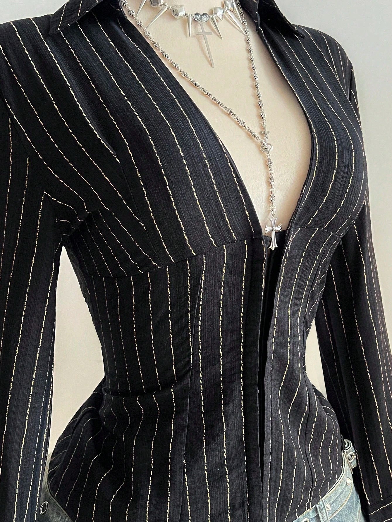Elamini 1pc Black V-Neck Striped Collar Slim Fit Button-Up Long Sleeve Sexy Blouse For Commuting & Daily Wear, Winter