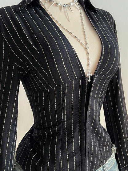 Elamini 1pc Black V-Neck Striped Collar Slim Fit Button-Up Long Sleeve Sexy Blouse For Commuting & Daily Wear, Winter