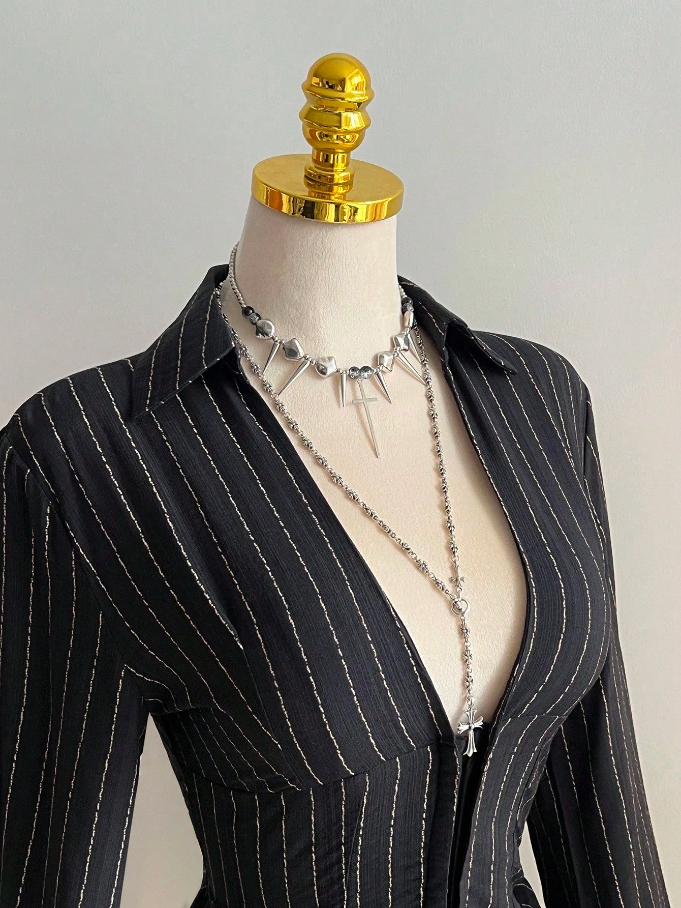 Elamini 1pc Black V-Neck Striped Collar Slim Fit Button-Up Long Sleeve Sexy Blouse For Commuting & Daily Wear, Winter
