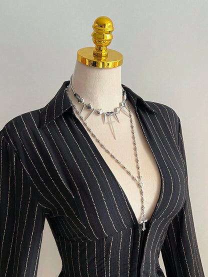 Elamini 1pc Black V-Neck Striped Collar Slim Fit Button-Up Long Sleeve Sexy Blouse For Commuting & Daily Wear, Winter