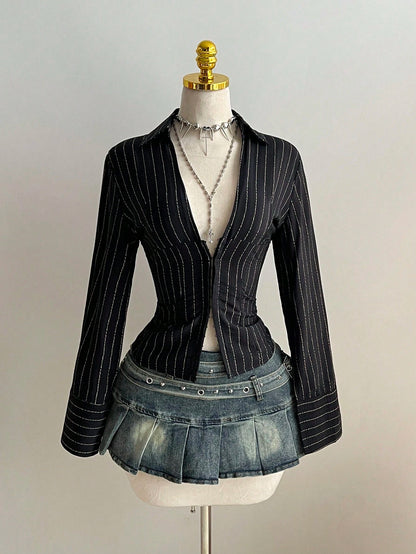 Elamini 1pc Black V-Neck Striped Collar Slim Fit Button-Up Long Sleeve Sexy Blouse For Commuting & Daily Wear, Winter