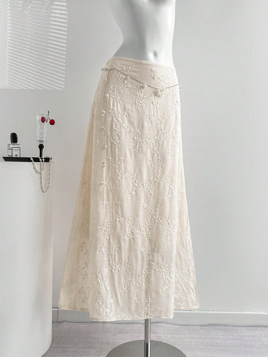 Elamini French Countryside Retro Low-Waist Apricot A-Line Long Skirt,Embroidered Fabric,Gentle Fresh White Flower Summer Casual Party Street Date Vacation
