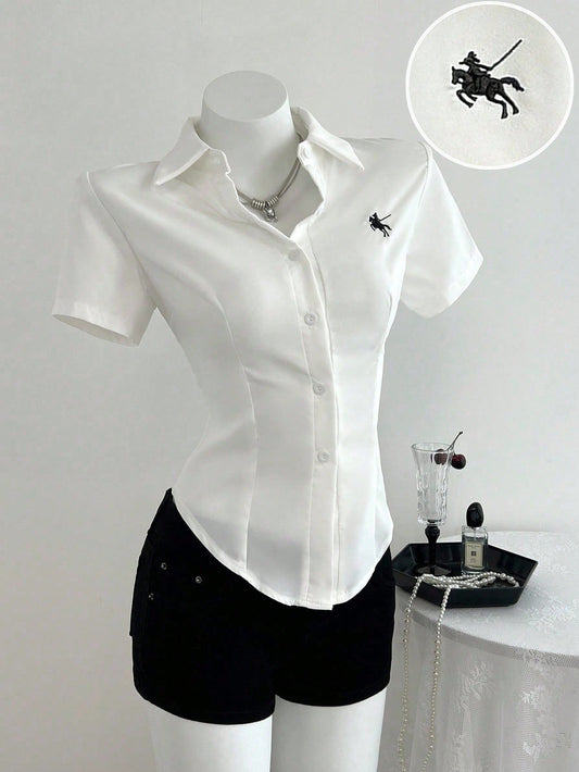 Elamini Front Embroidered Waist-Cinched Short Sleeve Women Blouse