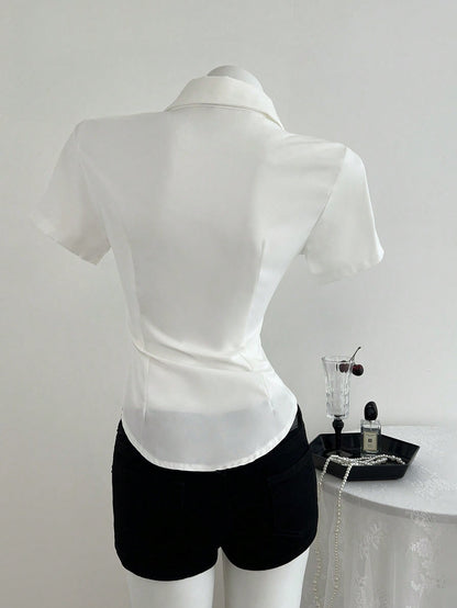Elamini Front Embroidered Waist-Cinched Short Sleeve Women Blouse