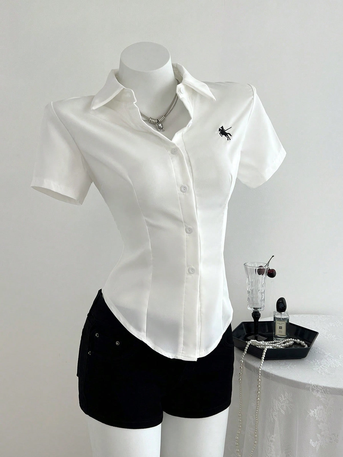 Elamini Front Embroidered Waist-Cinched Short Sleeve Women Blouse