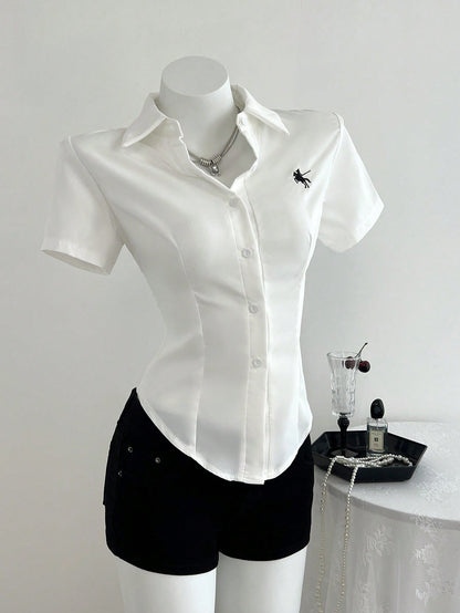 Elamini Front Embroidered Waist-Cinched Short Sleeve Women Blouse