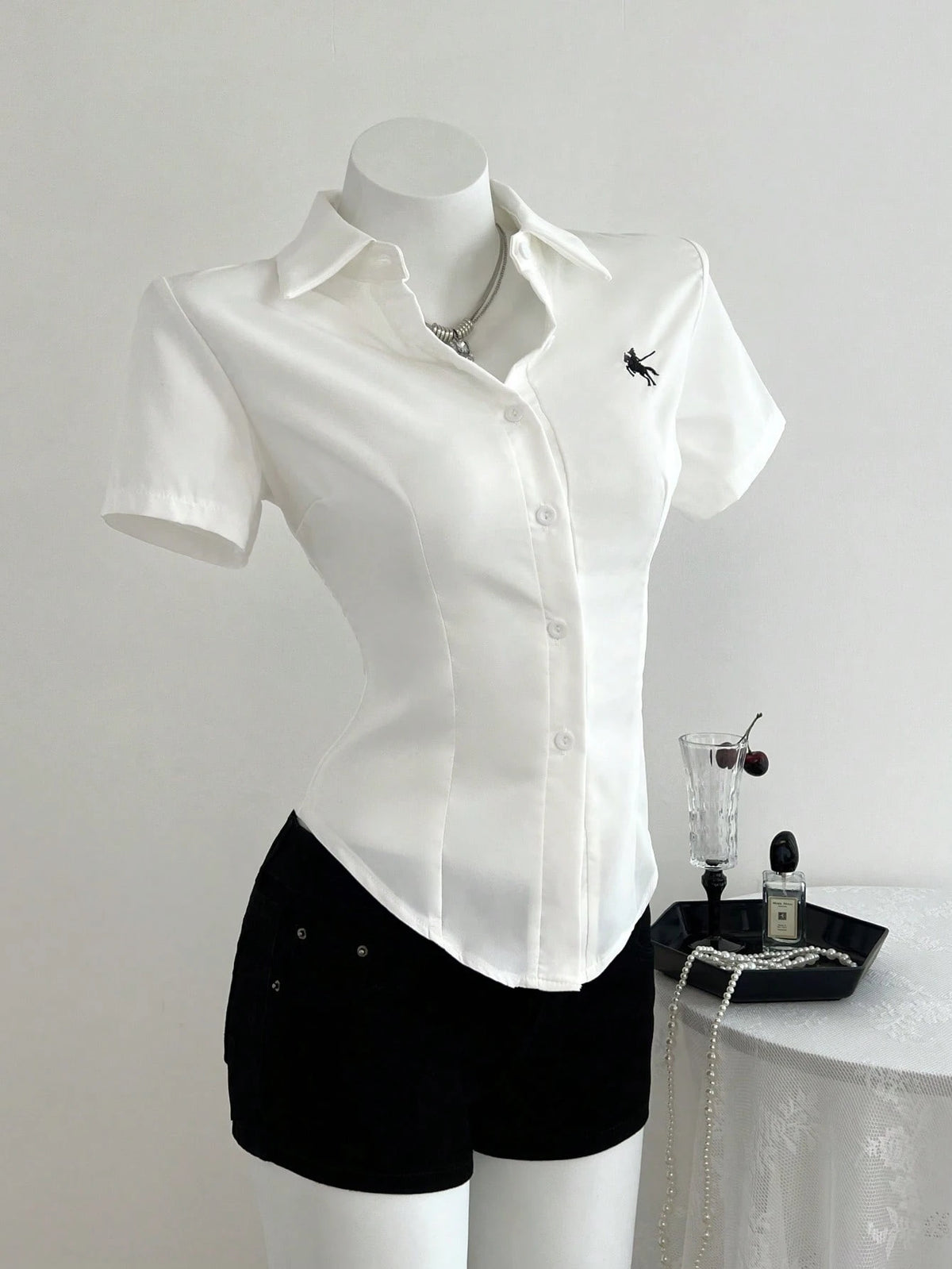 Elamini Front Embroidered Waist-Cinched Short Sleeve Women Blouse