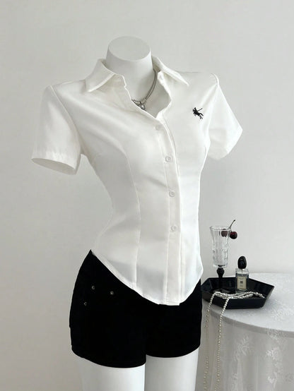 Elamini Front Embroidered Waist-Cinched Short Sleeve Women Blouse