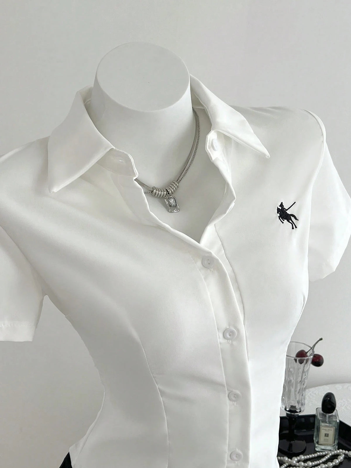 Elamini Front Embroidered Waist-Cinched Short Sleeve Women Blouse