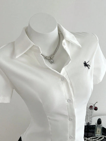 Elamini Front Embroidered Waist-Cinched Short Sleeve Women Blouse