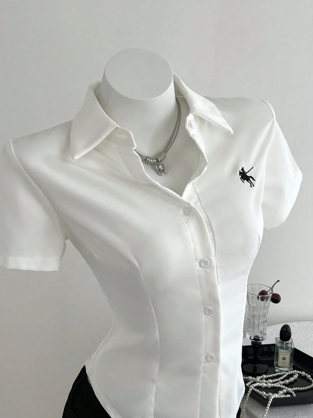 Elamini Front Embroidered Waist-Cinched Short Sleeve Women Blouse