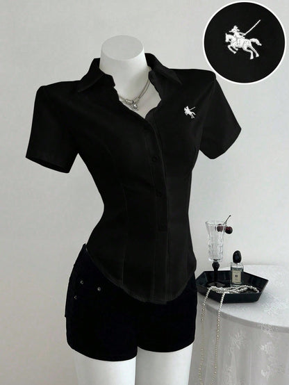 Elamini Front Embroidered Waist-Cinched Short Sleeve Women Blouse