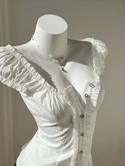 Elamini Women's Minimalist Sweet Fresh Ruffled One-Shoulder Puff Sleeve Blouse, Spring/Summer White Corset Dress Sweetheart Neckline White Dress Vintage Dress